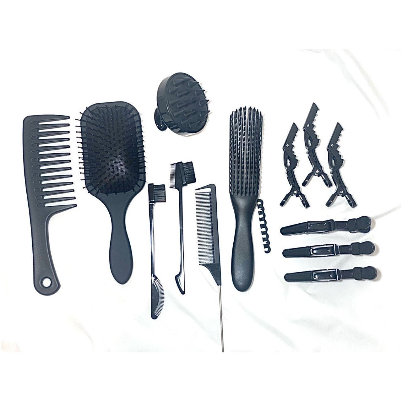 wide tooth brush, scalp massager brush, alligator clips, rattail comb, edge brush